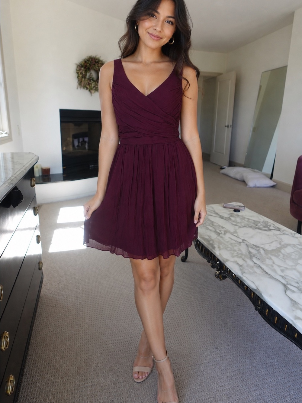 J.Crew Heidi dress in burgundy wine red 100% silk mini v neck chiffon